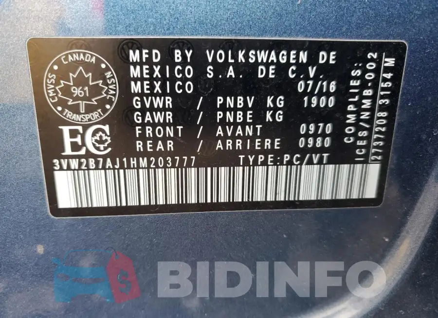 3VW2B7AJ1HM203777 Photo# 12