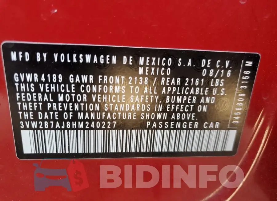 3VW2B7AJ8HM240227 Photo# 12