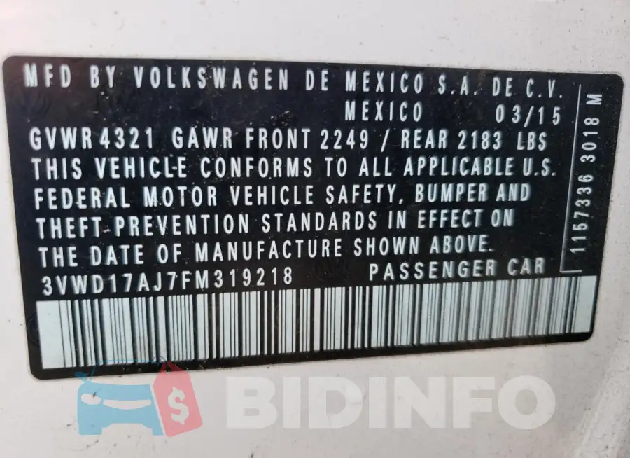 3VWD17AJ7FM319218 Photo# 12