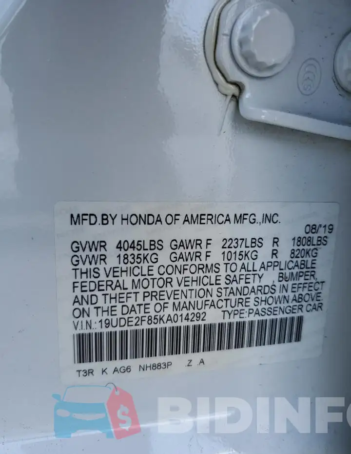 19UDE2F85KA014292 Photo# 12