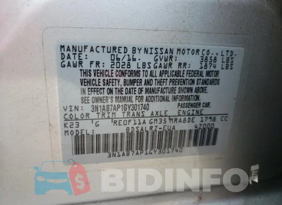 3N1AB7AP1GY301740 Photo# 12
