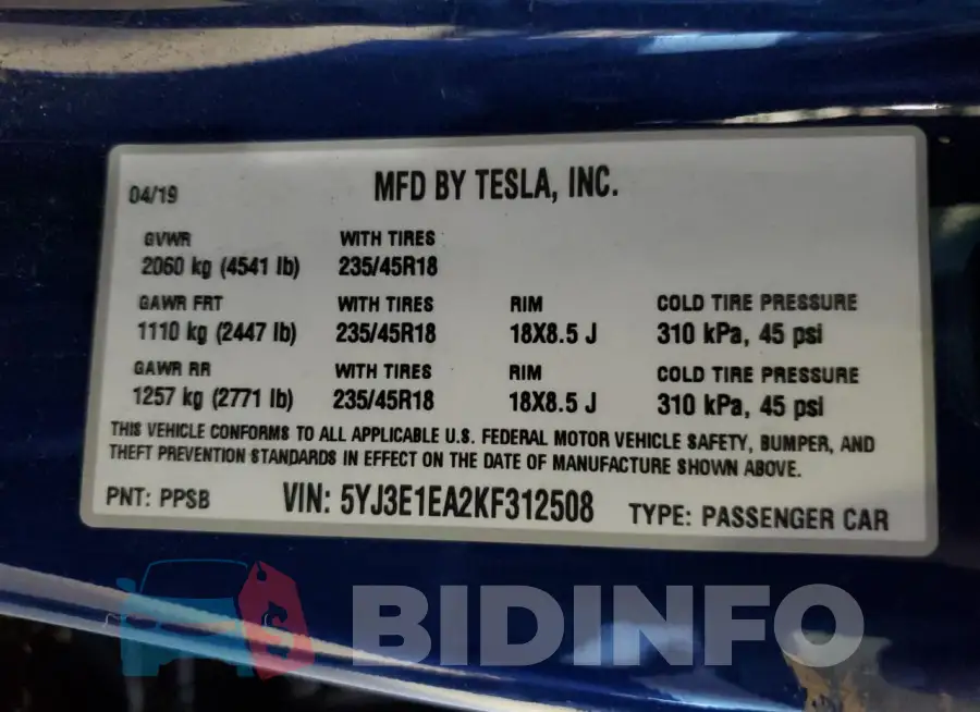 5YJ3E1EA2KF312508 Photo# 13