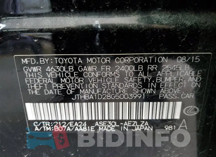 JTHBA1D28G5003991 Photo# 12