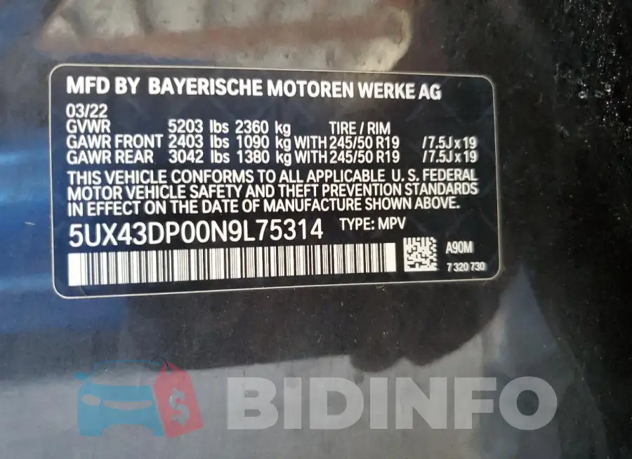 5UX43DP00N9L75314 Photo# 12