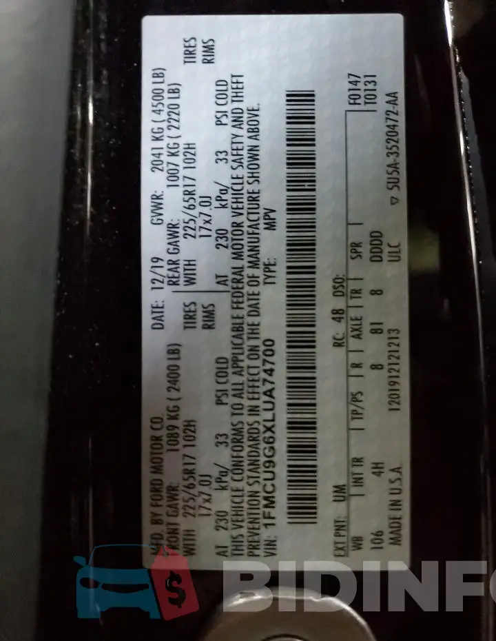 1FMCU9G6XLUA74700 Photo# 14