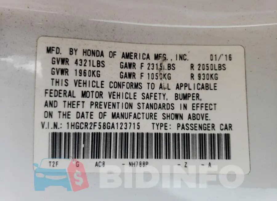 1HGCR2F58GA123715 Photo# 13