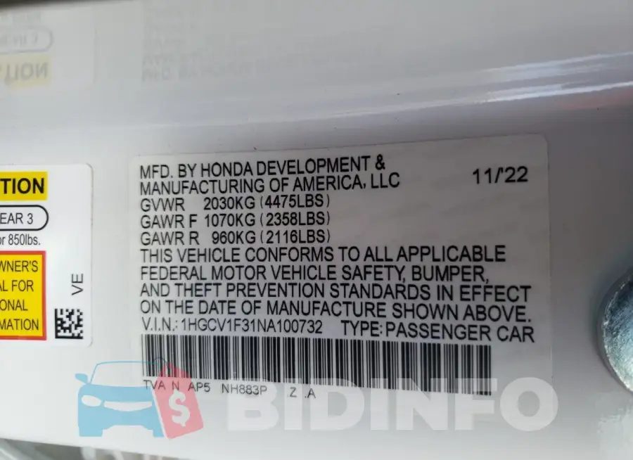 1HGCV1F31NA100732 Photo# 12