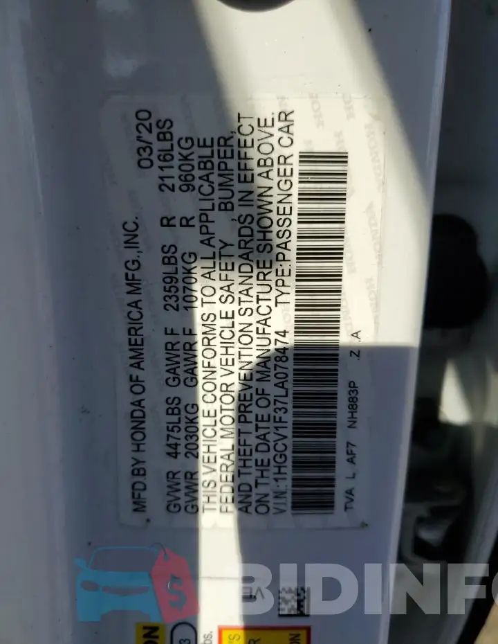 1HGCV1F37LA078474 Photo# 12