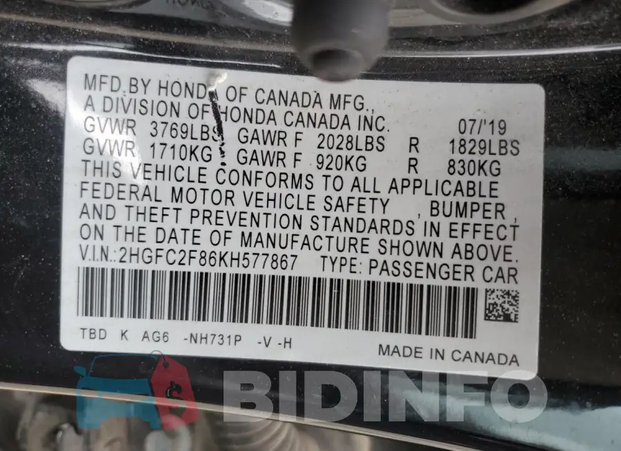 2HGFC2F86KH577867 Photo# 13