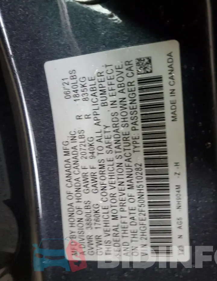 2HGFE2F50NH510282 Photo# 12