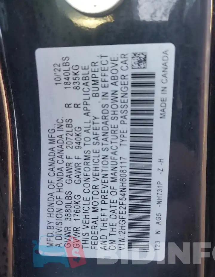2HGFE2F54NH608117 Photo# 12