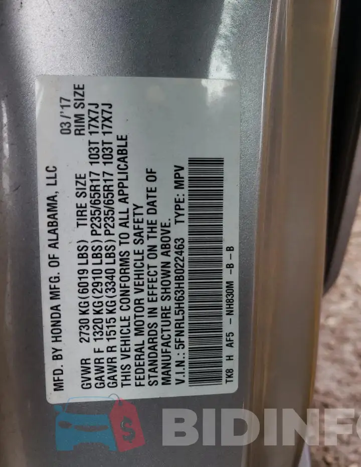 5FNRL5H63HB022463 Photo# 14