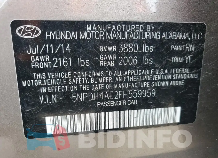 5NPDH4AE2FH559959 Photo# 12