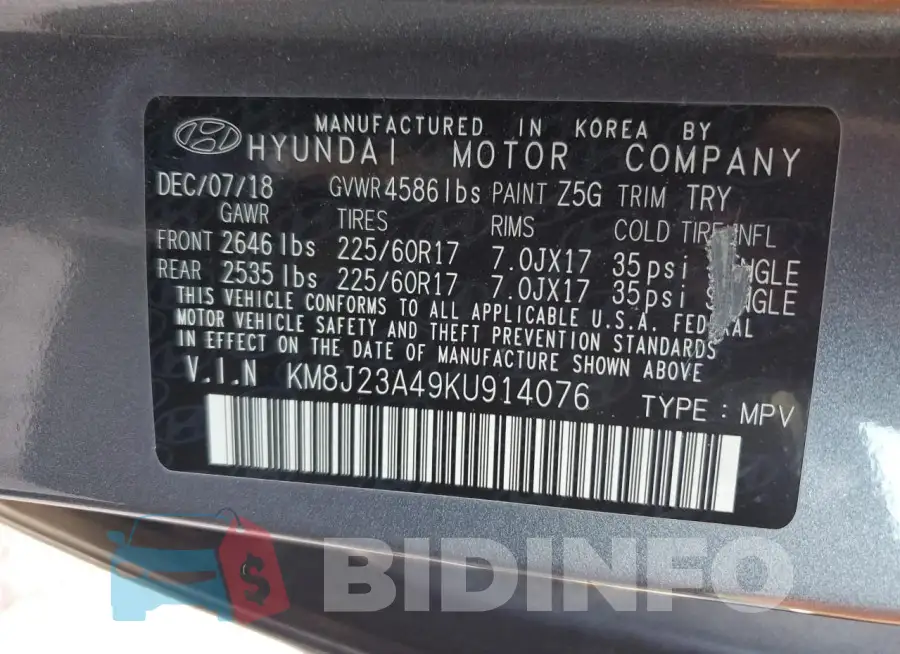 KM8J23A49KU914076 Photo# 14