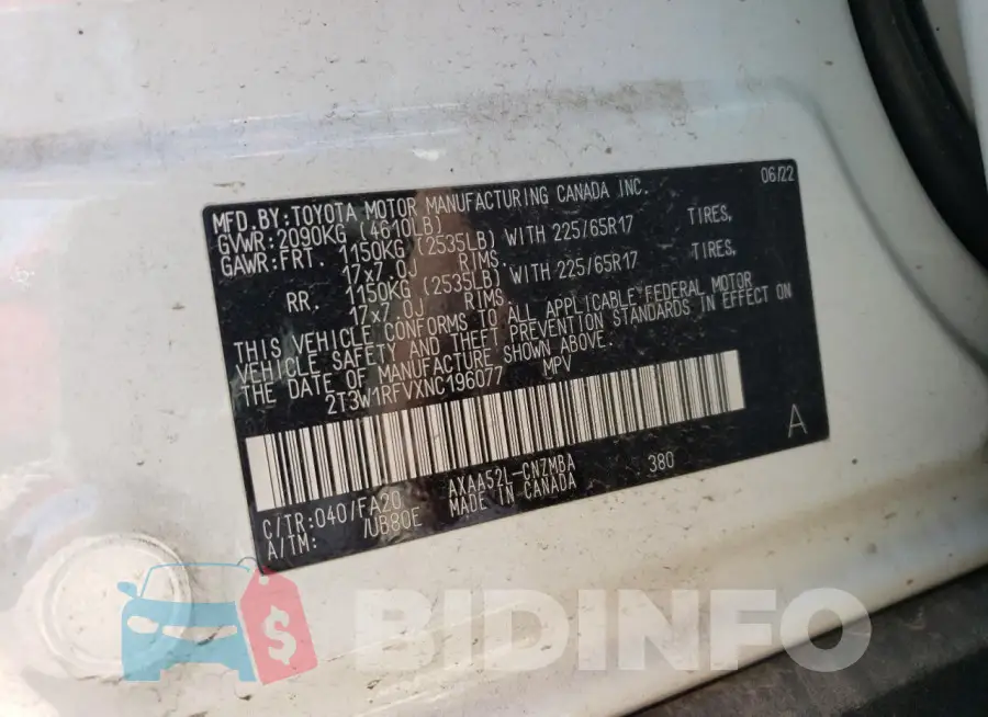 2T3W1RFVXNC196077 Photo# 12
