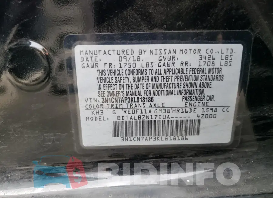 3N1CN7AP3KL818186 Photo# 12