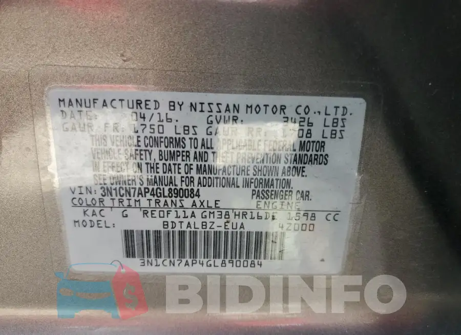 3N1CN7AP4GL890084 Photo# 13