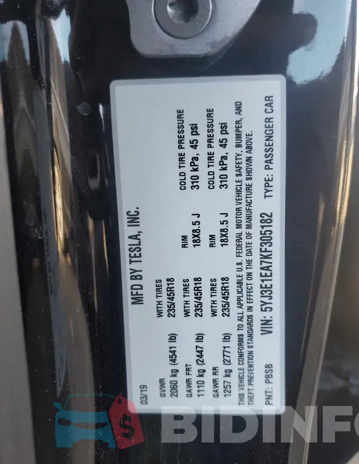 5YJ3E1EA7KF305182 Photo# 12
