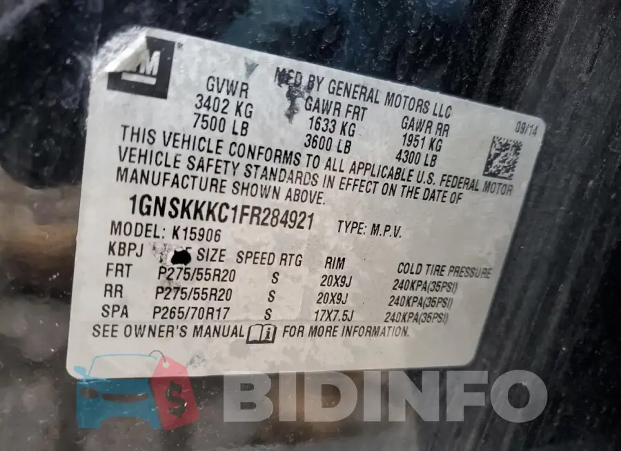 1GNSKKKC1FR284921 Photo# 13