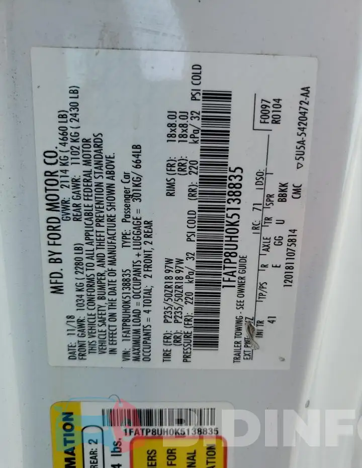 1FATP8UH0K5138835 Photo# 13
