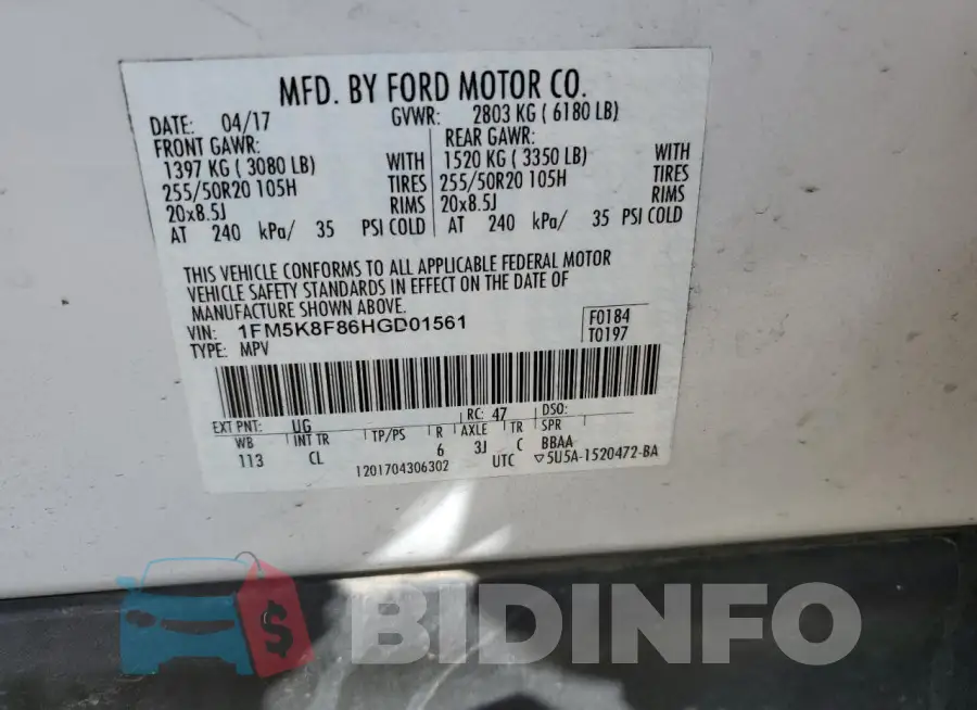1FM5K8F86HGD01561 Photo# 13