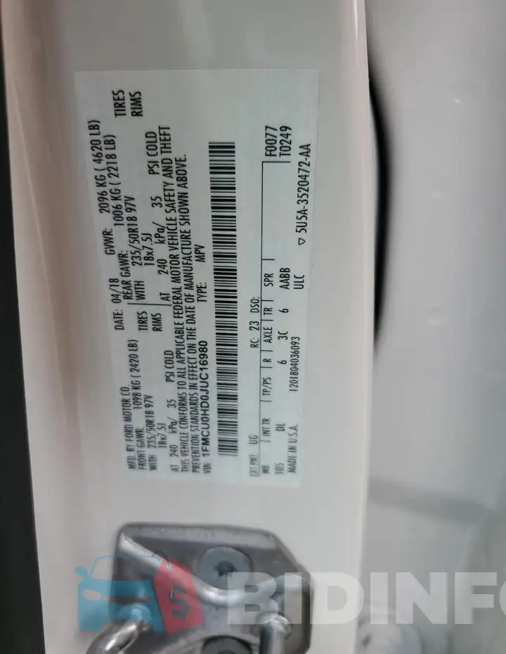 1FMCU0HD0JUC16980 Photo# 14