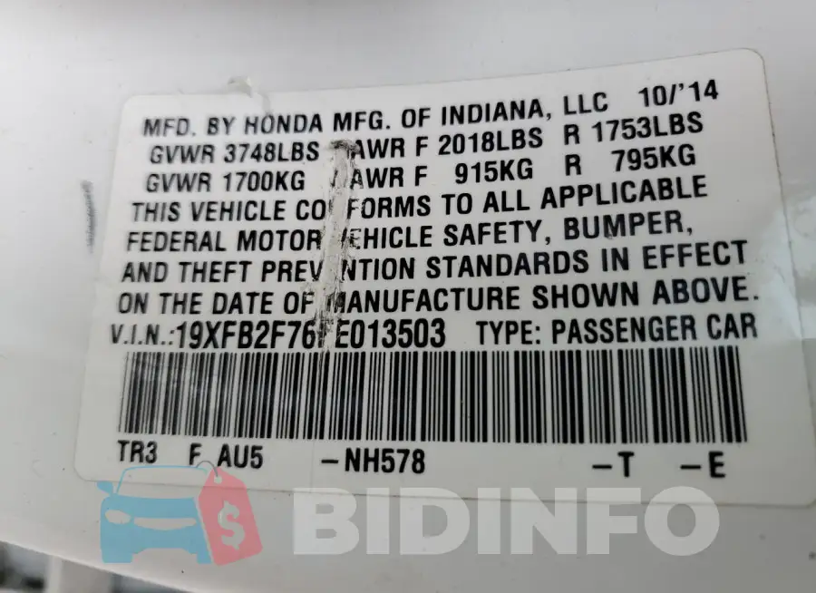 19XFB2F76FE013503 Photo# 12