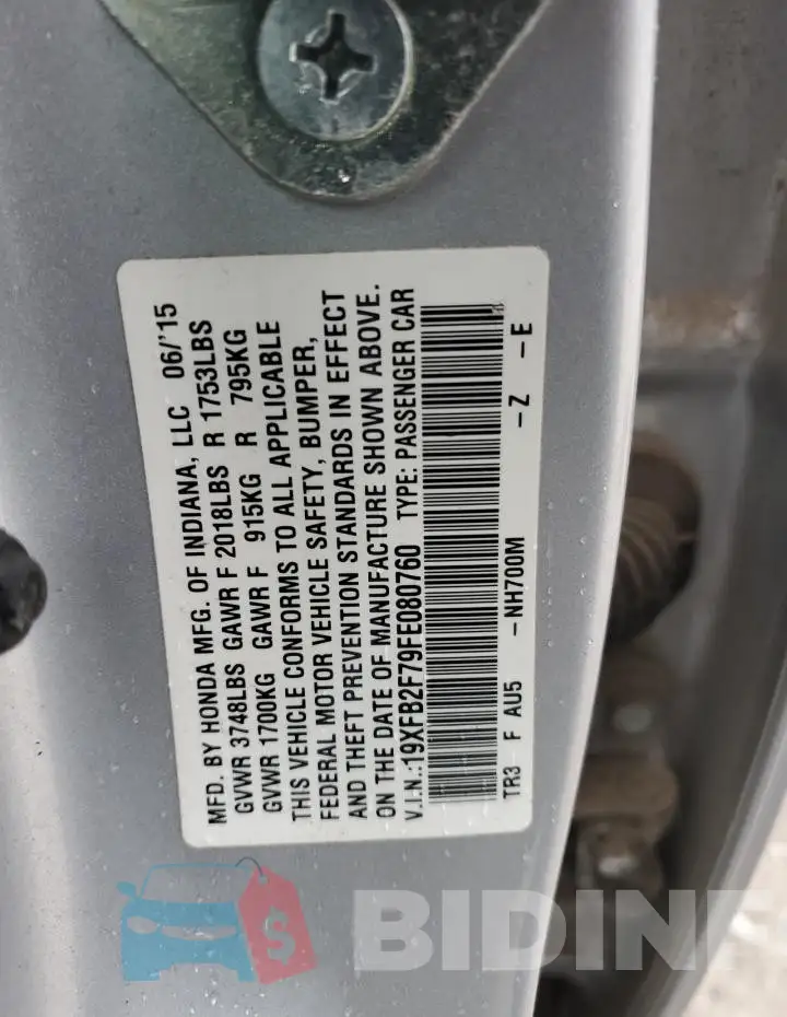 19XFB2F79FE080760 Photo# 12