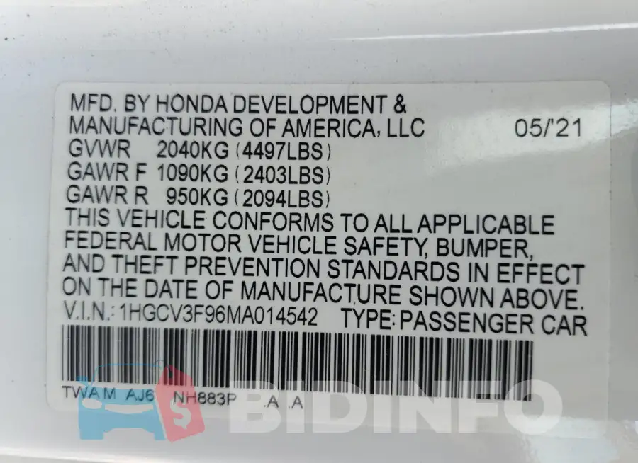 1HGCV3F96MA014542 Photo# 12