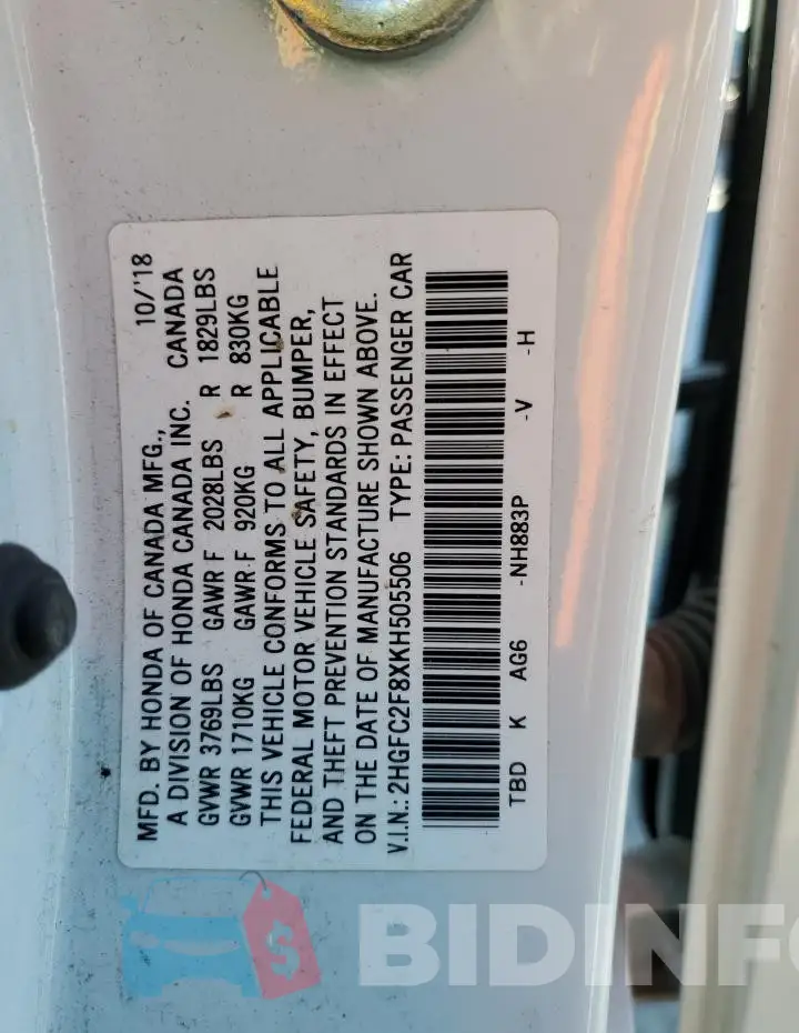 2HGFC2F8XKH505506 Photo# 12