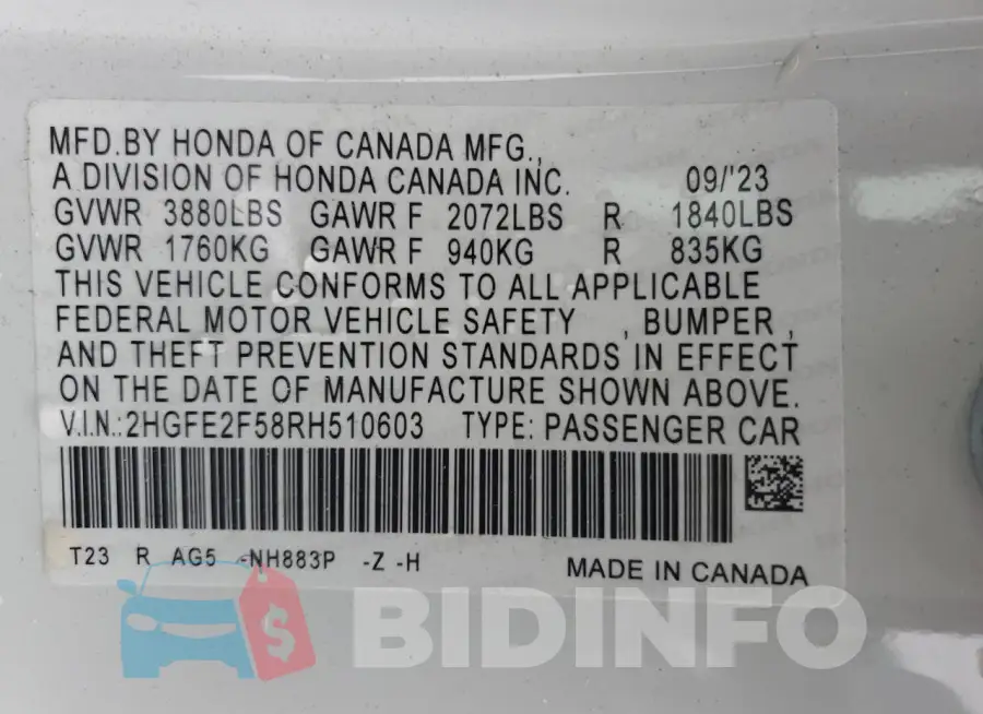 2HGFE2F58RH510603 Photo# 13