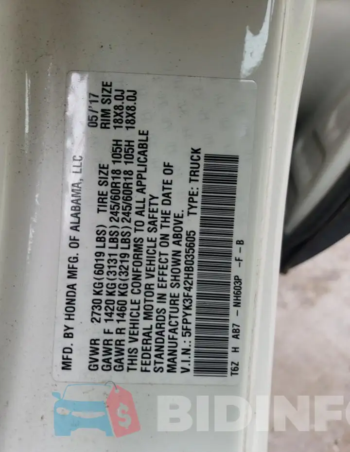 5FPYK3F42HB035605 Photo# 12