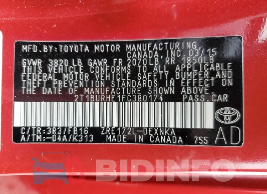 2T1BURHE1FC380174 Photo# 13