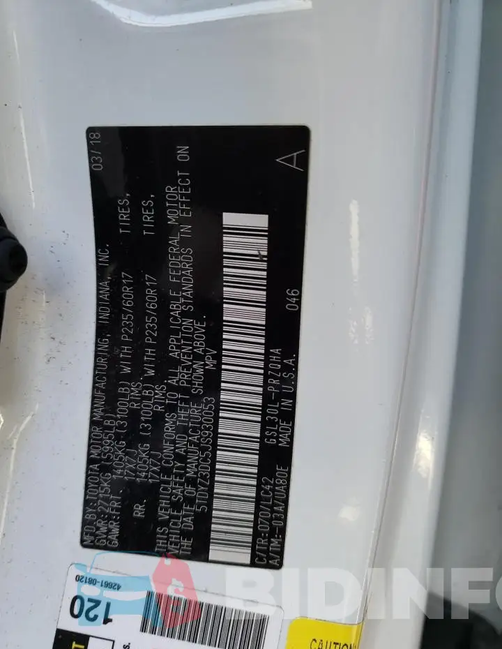 5TDYZ3DC5JS930053 Photo# 13