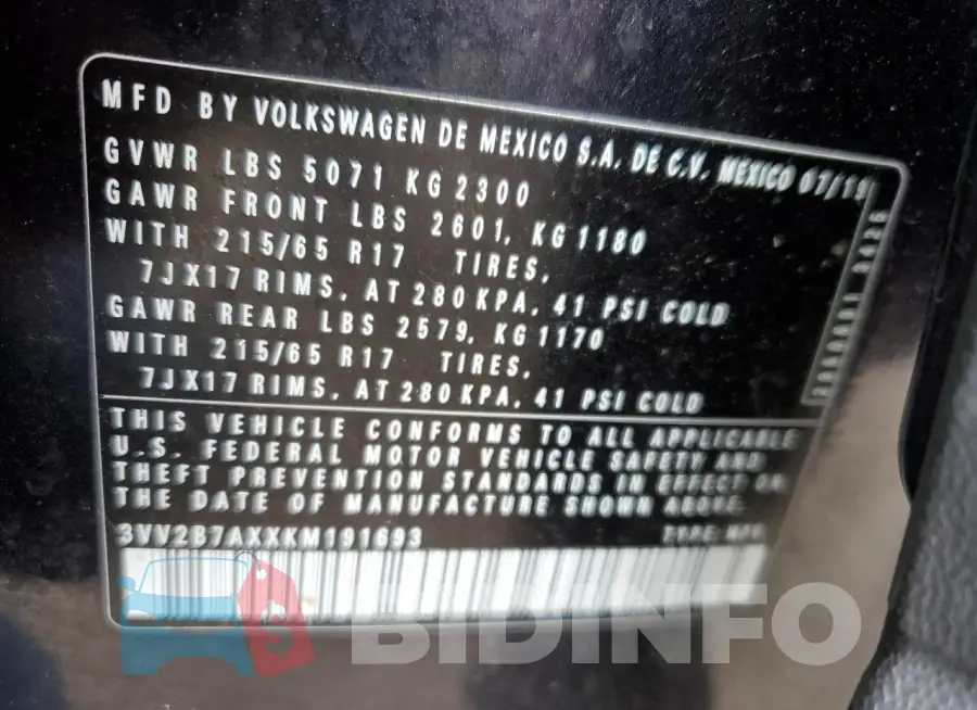 3VV2B7AXXKM191693 Photo# 12