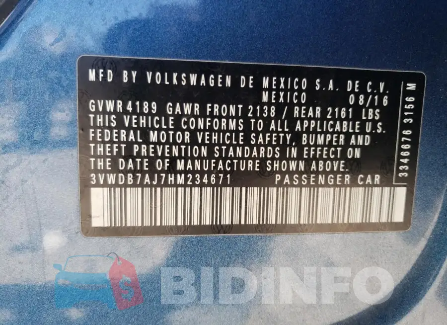 3VWDB7AJ7HM234671 Photo# 12