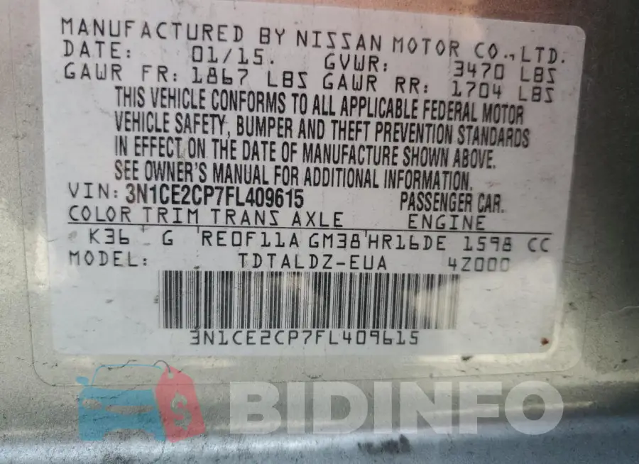 3N1CE2CP7FL409615 Photo# 12