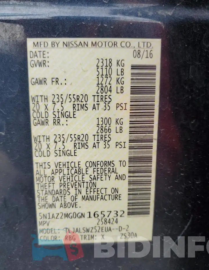 5N1AZ2MG0GN165732 Photo# 13