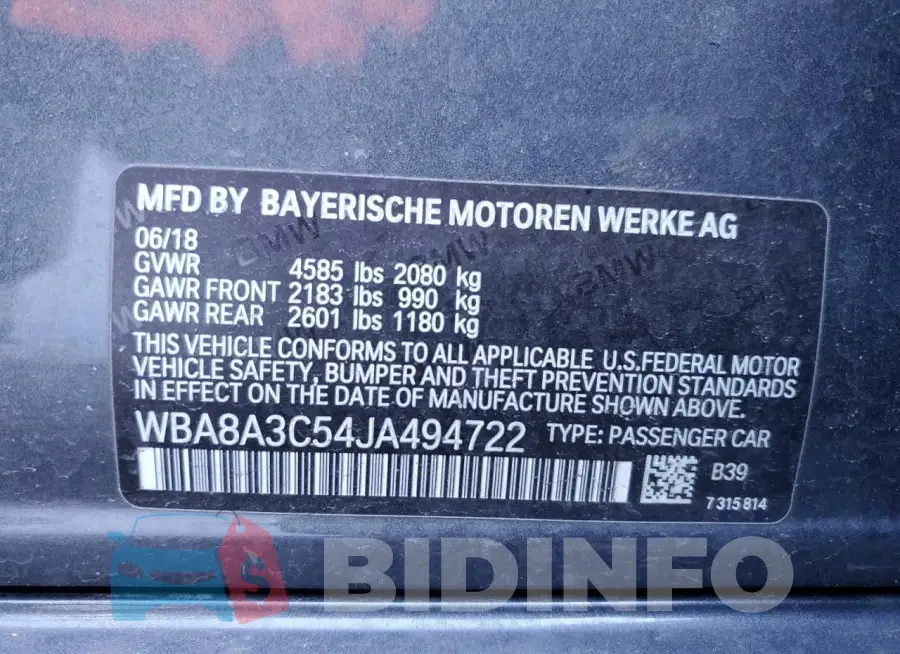 WBA8A3C54JA494722 Photo# 12