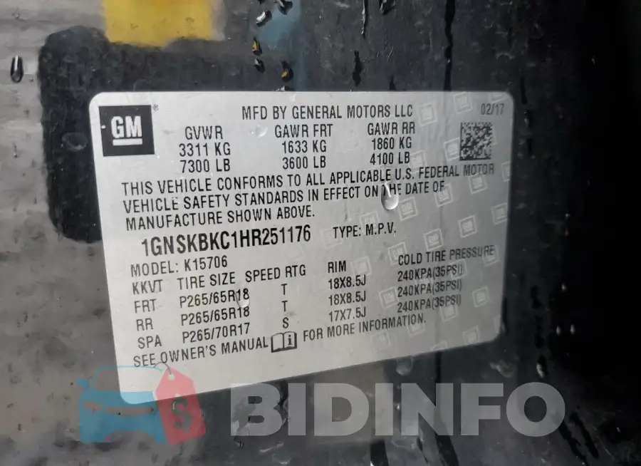 1GNSKBKC1HR251176 Photo# 13