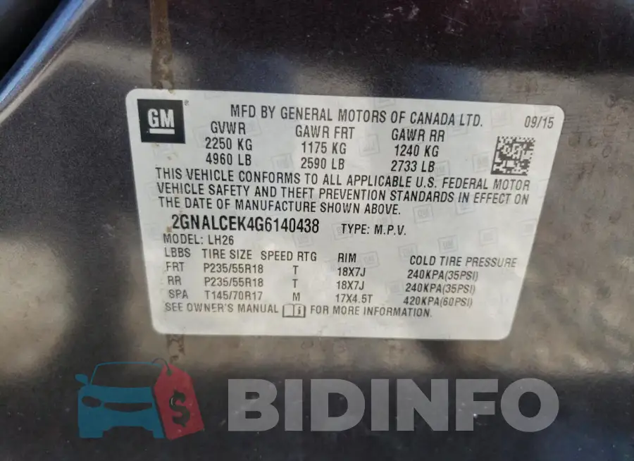 2GNALCEK4G6140438 Photo# 14