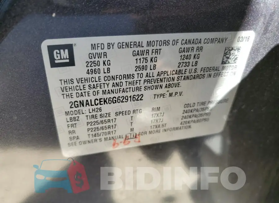 2GNALCEK6G6291622 Photo# 13