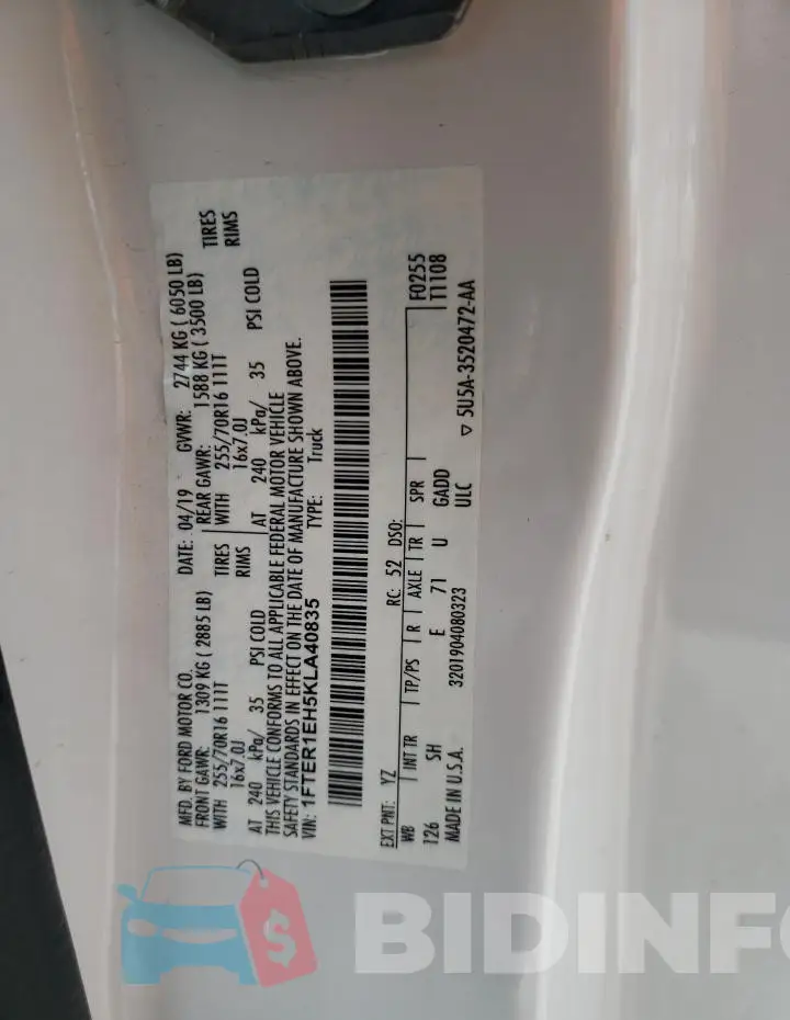 1FTER1EH5KLA40835 Photo# 12