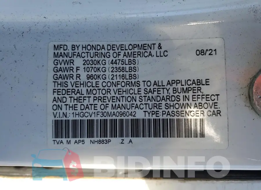 1HGCV1F30MA096042 Photo# 12