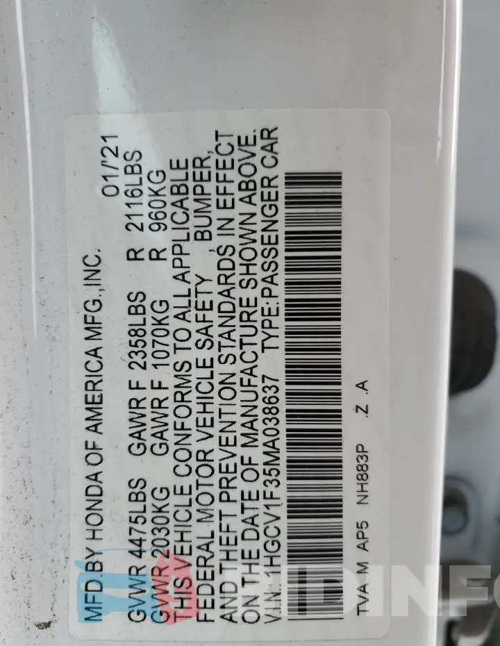 1HGCV1F35MA038637 Photo# 12