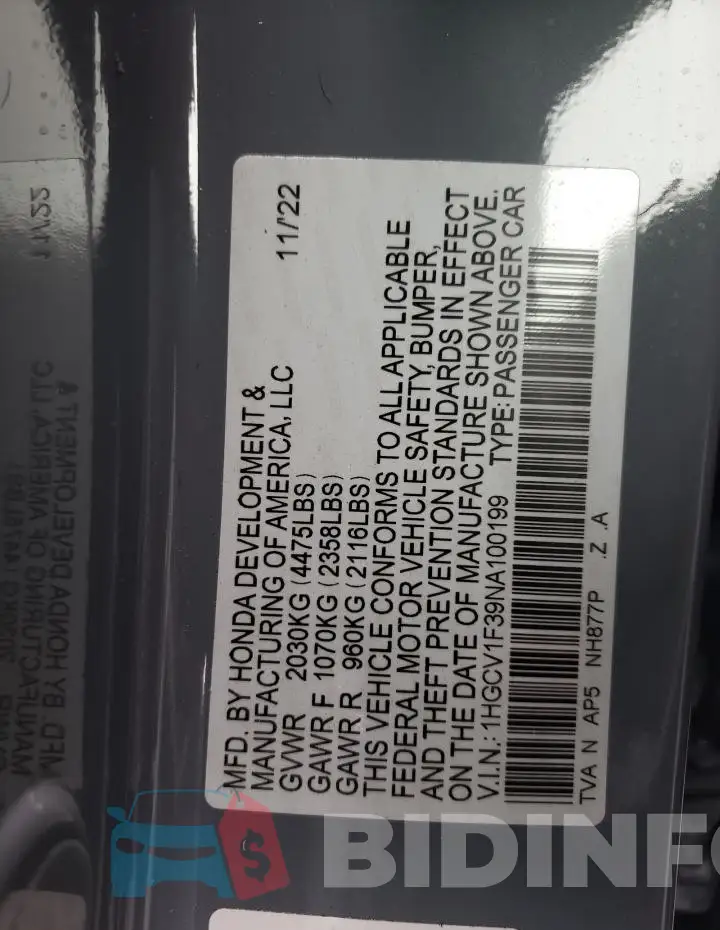 1HGCV1F39NA100199 Photo# 12