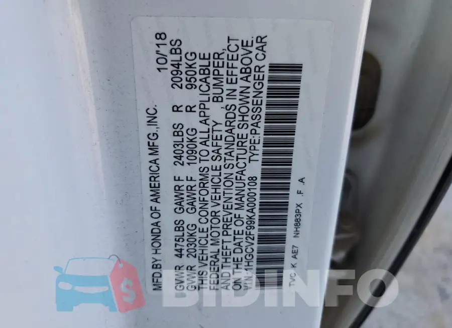 1HGCV2F99KA000108 Photo# 12