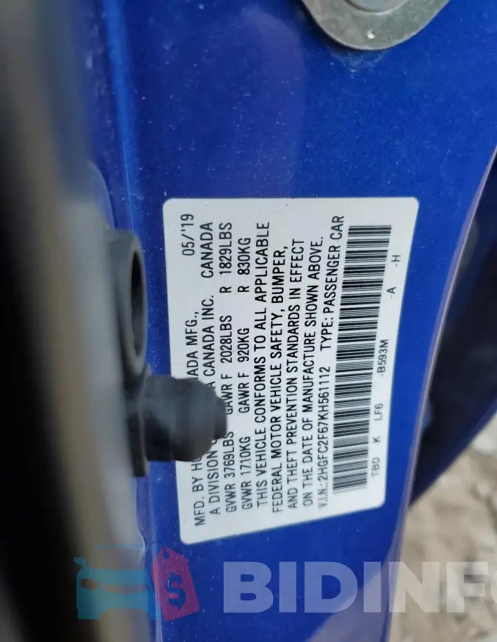 2HGFC2F67KH561112 Photo# 12