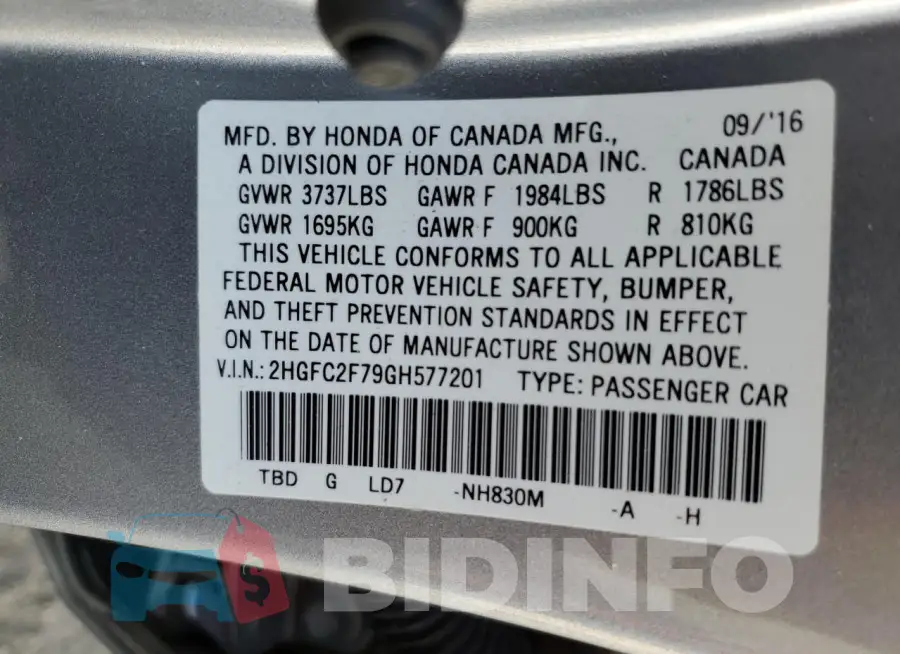 2HGFC2F79GH577201 Photo# 12