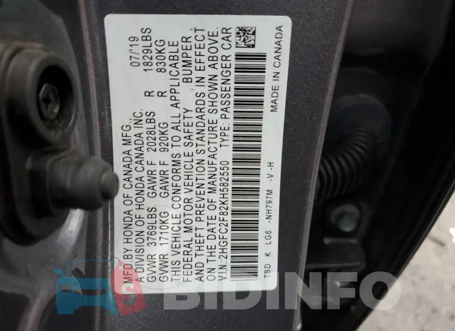 2HGFC2F82KH582550 Photo# 12